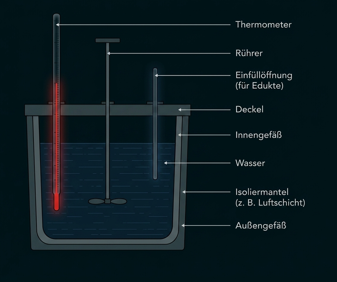 Skizze eines isolierten Gefäßes mit Wasser, Thermometer, Rührer und beschrifteten Bauteilen.
